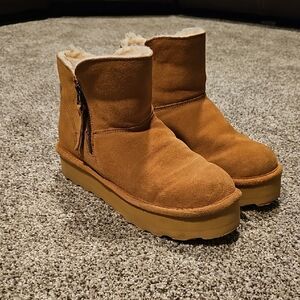 BearPaw Women's Tan Suede Ankle Booties with Shearling
